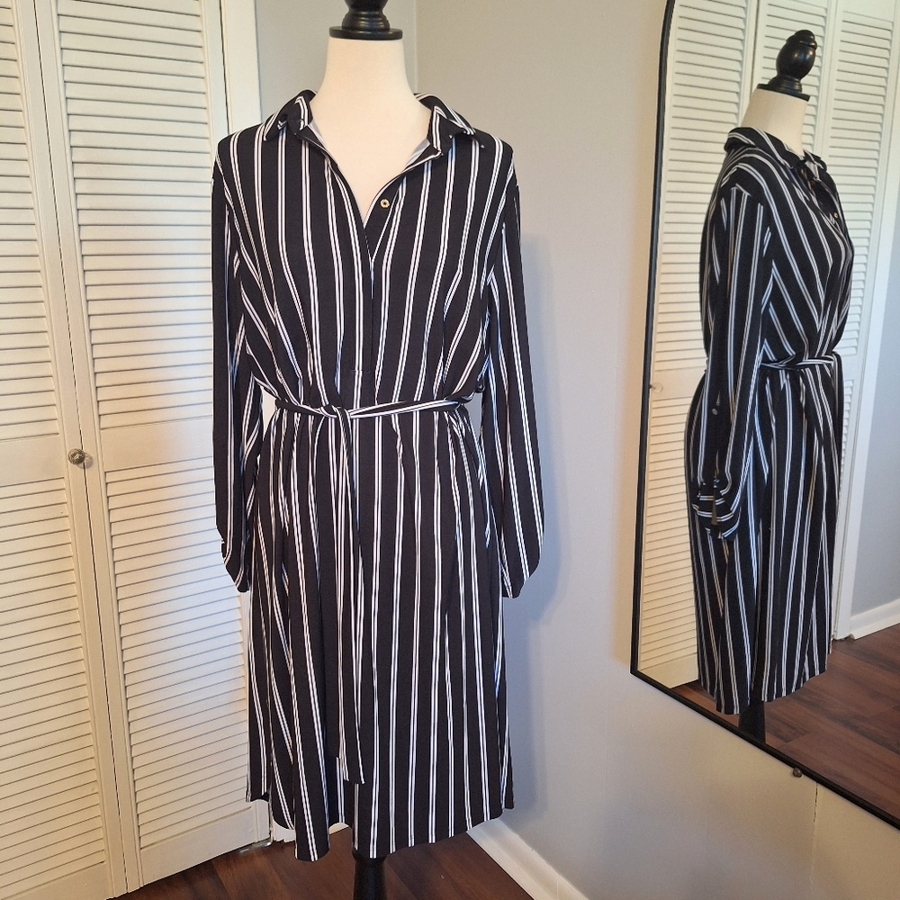Jones New York Black and White Striped Long Sleeve Shirt Dress Sz 16 - Picture 1 of 6